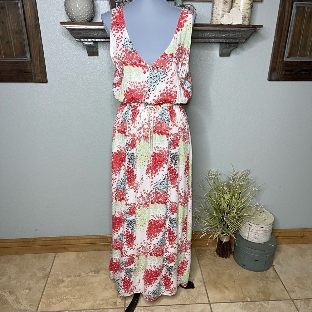 Lucky Brand Sleeveless V Neck Red Pink Floral Print Maxi Dress Size Medium - Picture 2 of 12